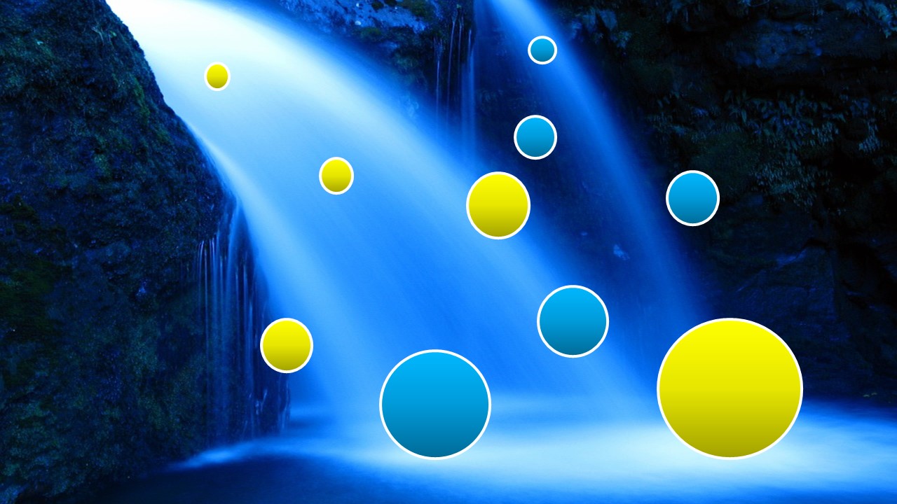 聖なる滝から、幸せのゴールドの玉と不幸のブルーの玉が同じ数ずつ生み出されている